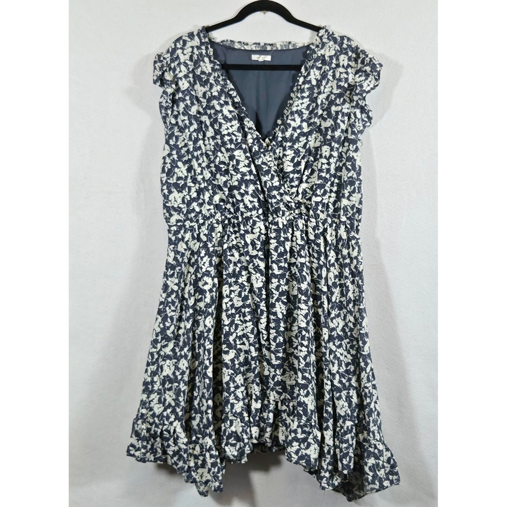 Navy Ivory Floral Ruffle Flutter Sleeve V-Neck Fit Flare Midi Dress size XXL